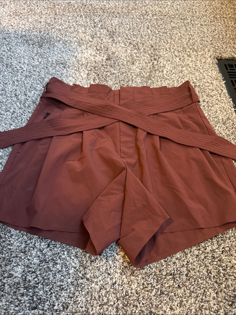 Athleta High-Waist Rust Brown Paperbag Shorts with Self-Tie Belt
